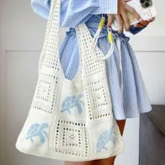 【海亀モチーフ】クロシェ編み ビーチトートバッグ - 夏のリゾートスタイルに