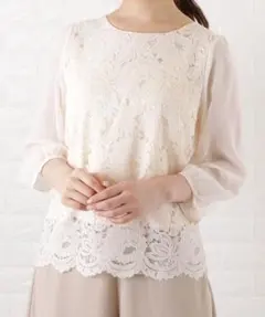 〈新品〉シースルー七分袖 スカラップ レースブラウス　シャツ　シアーブラウス