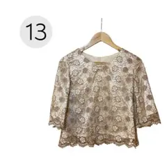 美品 花柄 刺繍 レース ブラウス 七分袖 ゴールド 大きいサイズ レディース