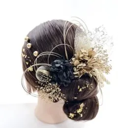 no.5384 成人式髪飾り　成人式　結婚式　髪飾り　ヘアアクセ　ブラック　紐