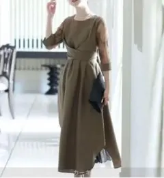 プールヴー バックプリーツレースドレス ワンピース リボン カーキ M