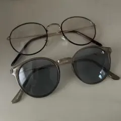 UV99％カット シルバーラウンドサングラス & ゴールドUVカットPCメガネ