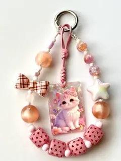 大人可愛い猫プレート付きピンクストラップ