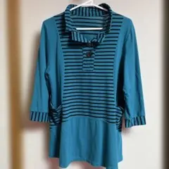 ターコイズブルー ストライプ チュニック 七部袖