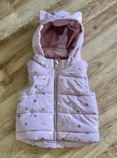 H&M スモーキーピンク×ゴールドのドット柄 猫耳付きダウンベスト 80cm