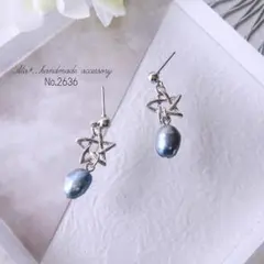 No.2636　スター星とメタリックグレー系淡水パール　ピアス/イヤリング