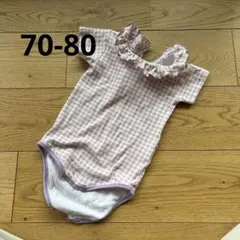 ピンクチェック フリル付きロンパース