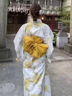 お値下げしました！ utatane 浴衣 帯、下駄3点セット ひまわり柄 紺地