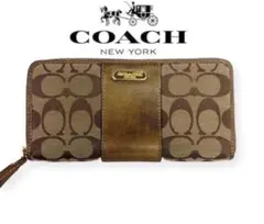 コーチCOACHシグネチャーモノグラムラウンドファスナー長財布ベージュキャンバス