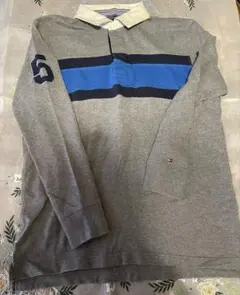 トミーヒルフィガー 長袖ラガーシャツ　数字5アップリケ　グレー/青　Lサイズ