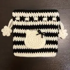 猫 ボーダー 巾着 ポーチ 編み物 かぎ針編み かぎ編み ハンドメイド