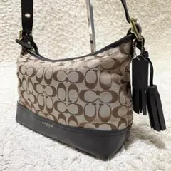 COACH ショルダーバッグ　斜め掛け可　タッセル　金ロゴ　ベージュ系