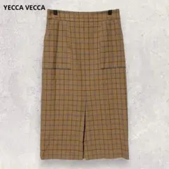 テッカヴェッカ チェック柄 タイトスカート M ブラウン バックスリット