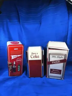 VTG品 コカコーラブリキ缶2点 物入れ、 미사용 テーブルナプキン入れ箱付き
