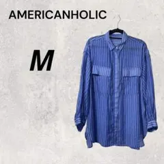 美品 アメリカンホリック 長袖 シャツ ストライプ M ブルー ゆったり 夏服
