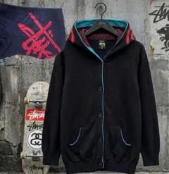 STUSSY ニット パーカー カーディガン フード デカロゴ フーディ 黒