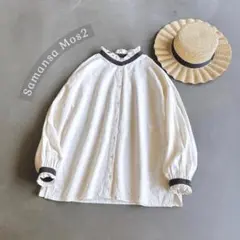 サマンサモスモス＊スタンドフリル襟 配色長袖ブラウス オフ白×黒 綿麻 ゆったりのサムネイル