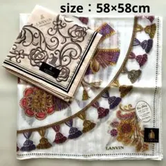 LANVIN 花とリボンタッセル柄　大判ハンカチーフ