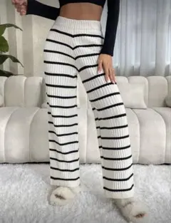 SHIEN ストライプ リブ編み ワイドパンツ