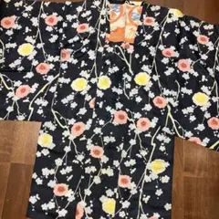 アンティーク着物道行コート　長羽織　墨ぽい優しい黒地にピンクと黄色の梅柄可愛い