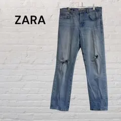 ZARA ザラ　ダメージデニム ライトブルー ストレートパンツ 春夏　ジーンズ