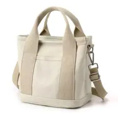 ベージュ　キャンバス　ショルダーバッグ 仕切り付き ミニトート かばん