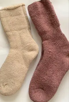 ウール混靴下2足セット　裏起毛　暖かい　もこもこ　テラコッタ×ベージュセット