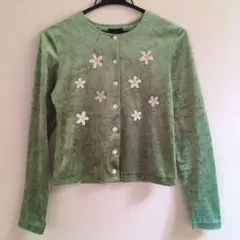 カーディガン ショート丈 ベロア グリーン 緑 クルーネック 刺繍 花 日本製