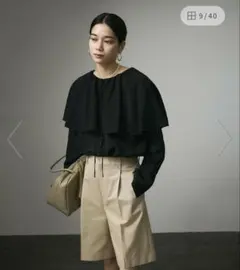 【SALON adam et rope'】フロントリボンフリルカラーブラウス 黒