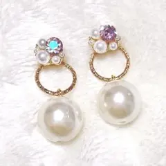2way❁⃘大ぶりパールのピンクビジューピアス❁⃘ゴールドリング ハンドメイドピアス