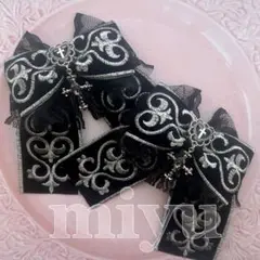 ヘアクリップ　ゴスロリ　ロリータ　ハートダマスク　ゴシック　地雷　　刺繍