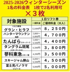 3枚セット1枚で大人2名可リフト券割引券ハンタマグランヒラフたんばら勝山他②