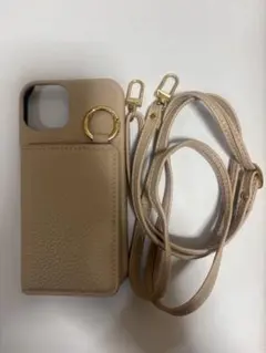 iPhone14 ピンクベージュ レザー風 iPhoneケース ストラップ付き