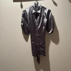 シルバー サテン 半袖シャツ　古着