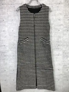 レトロ 古着 ジップアップ モノトーン 千鳥格子柄 ノースリーブ ワンピース