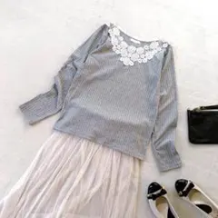 ドレスキップ　カットソー　ロンT レース　グレー　ジャケットインナー