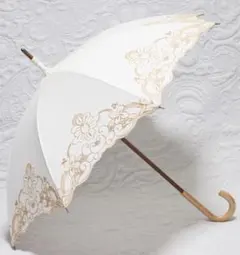 新品タグ付き【晴雨兼用 長傘】綿麻 刺繍 雨傘 日傘 白 UVケアパラソル
