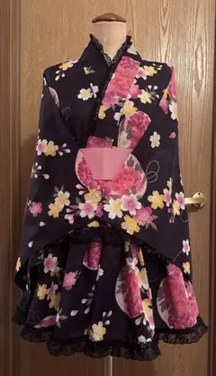 浴衣ドレス 大人用 姫ギャル 黒地にピンクの花と蝶 シルバーラメ