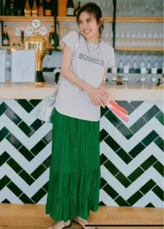 【洗える】ワッシャープリーツスカート　グリーン　サイズMのサムネイル