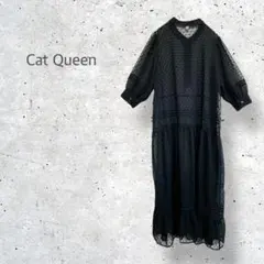 【Cat Queen】　シアー　ロングワンピース　ドット　ぽわん袖　七分袖　黒