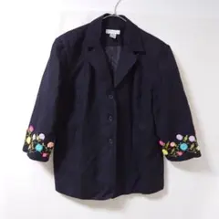 希少XL古着ドレスバーン花柄刺繍リネンテーラードジャケット黒リラクシー極美品のサムネイル