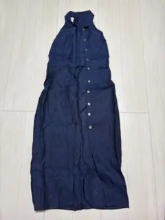 ZARA ネイビー ノースリーブ リネン風 ロングシャツワンピース FREE