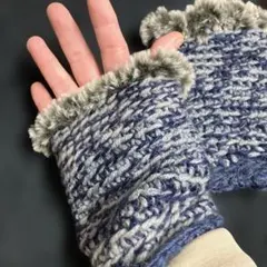 ファー付きネイビーグレー手袋.手首ウォーマー