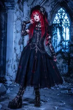 h.Naoto Blood 黒×赤メッシュ ダメージ加工ゴシックロングスカートのサムネイル