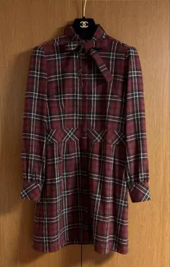 【美品】EAST BOY パフスリーブリボンタイ　ウール混ワンピース チェック柄のサムネイル