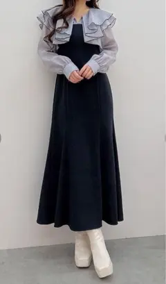 マーキュリーデュオ　ボリュームラッフル配色ドッキングワンピース　S