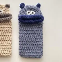 モンスターペンケース　編み物　ハンドメイド　グレー　ネイビー
