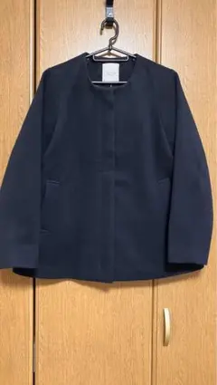 ネイビー フード取り外しノーカラーショートコート