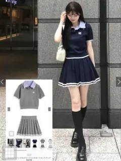 GRL ポロニットトップス×プリーツミニスカートセットアップ[kz678