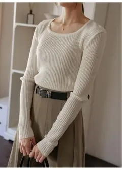 【韓国】Common Unique アイボリー リブ編み 長袖 トップス